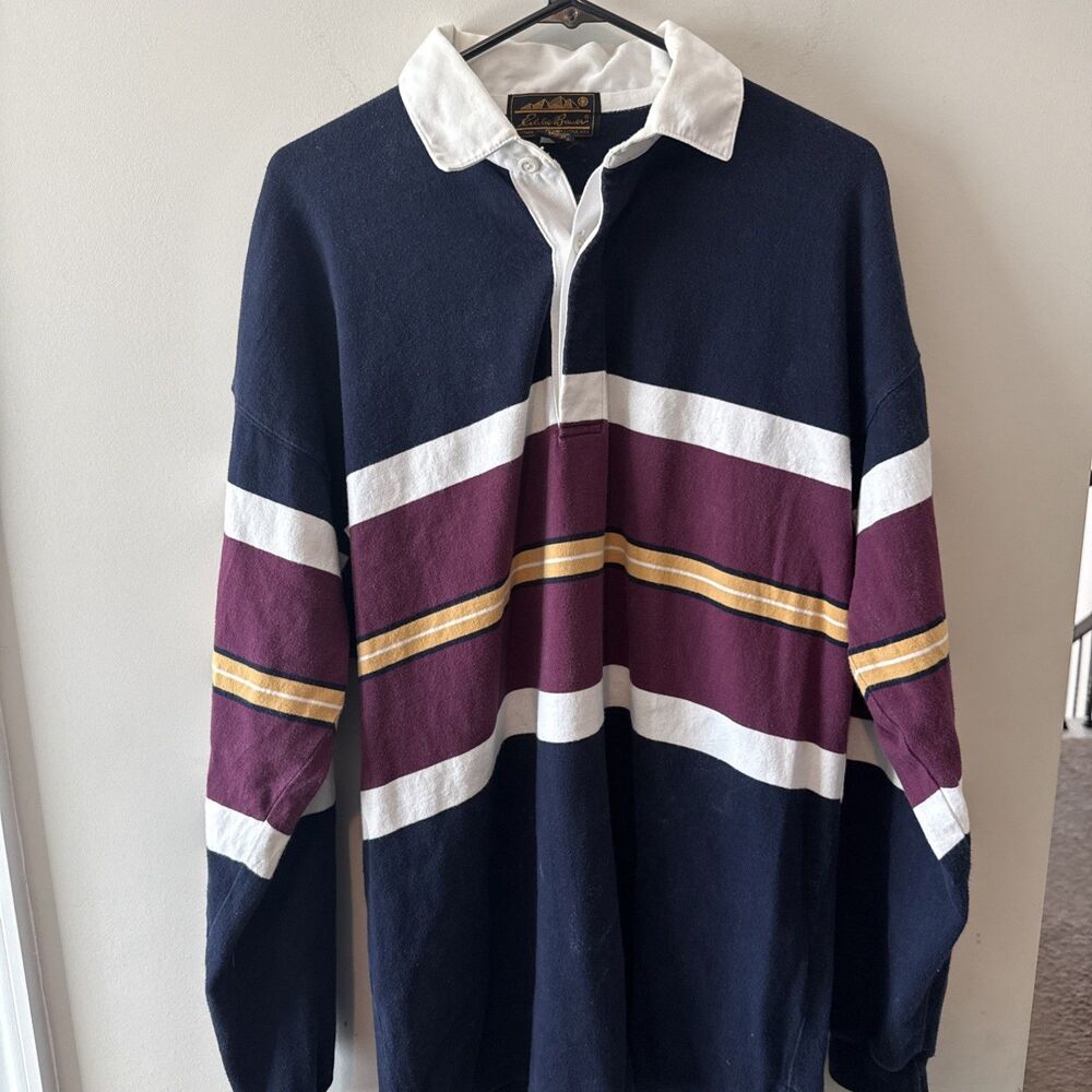 Vintage Eddie Bauer Rugby Shirt Size XL Striped Cotton Long Sleeve